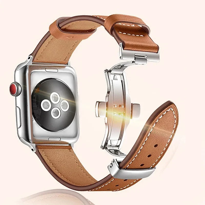 Echt Lederen Band Voor Apple Watch Ultra 2 49Mm 38 40 41 42 44 45Mm Polsband Met Vlindergesp Voor Iwatch Serie 9 8 7 Se 6 5