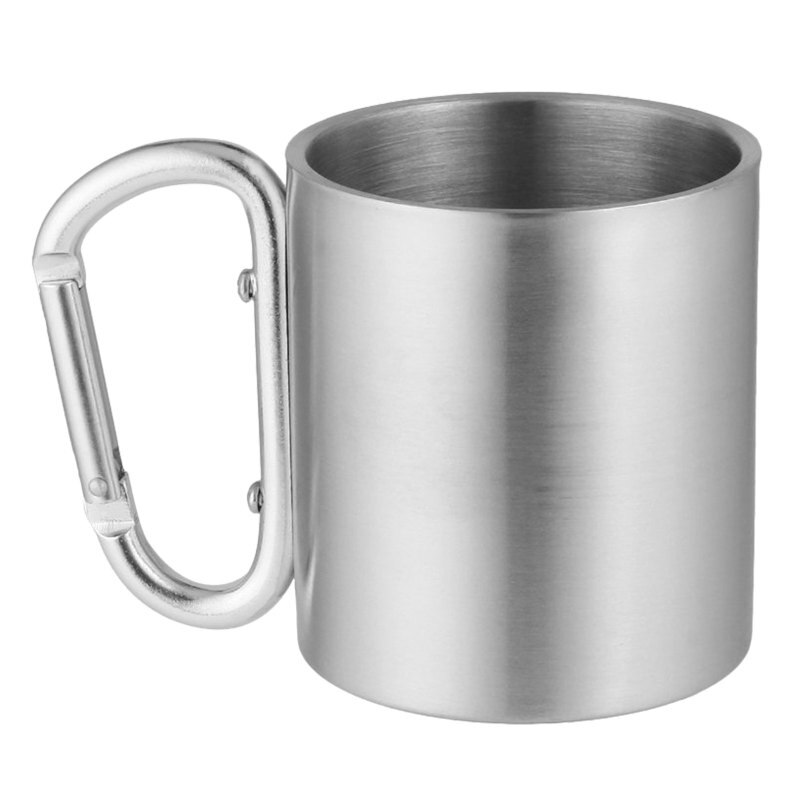 Taza de acero inoxidable 304 para acampar, viajar al aire libre, doble pared, con gancho de mosquetón, Asa