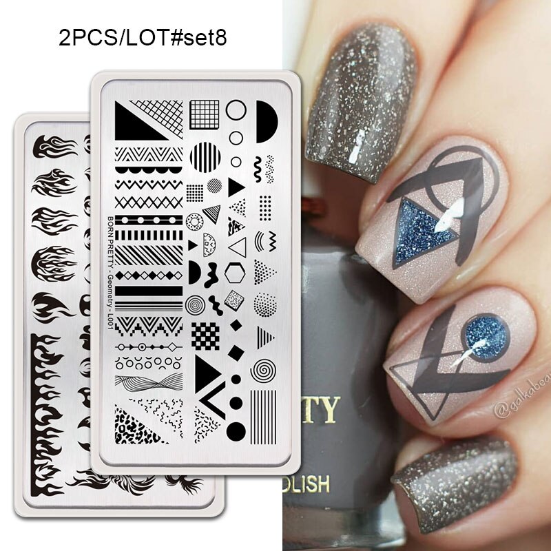 GEBOREN ZIEMLICH 2Pcs Nagel Stanzen Platten Set Rechteck Blume Geometrische Muster Nail art Bild Stempel Vorlage DIY Maniküre: 2Pcs-Set8