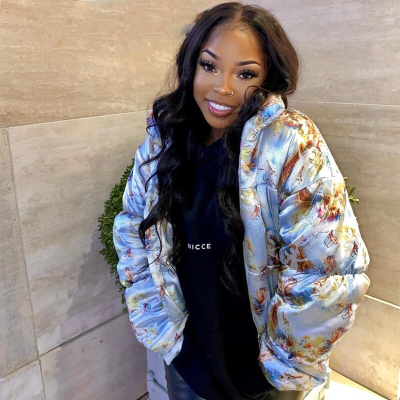 Aesthetic angel satin puffer jacket ladies streetwear zipper short bubble coat jacket wild personality
