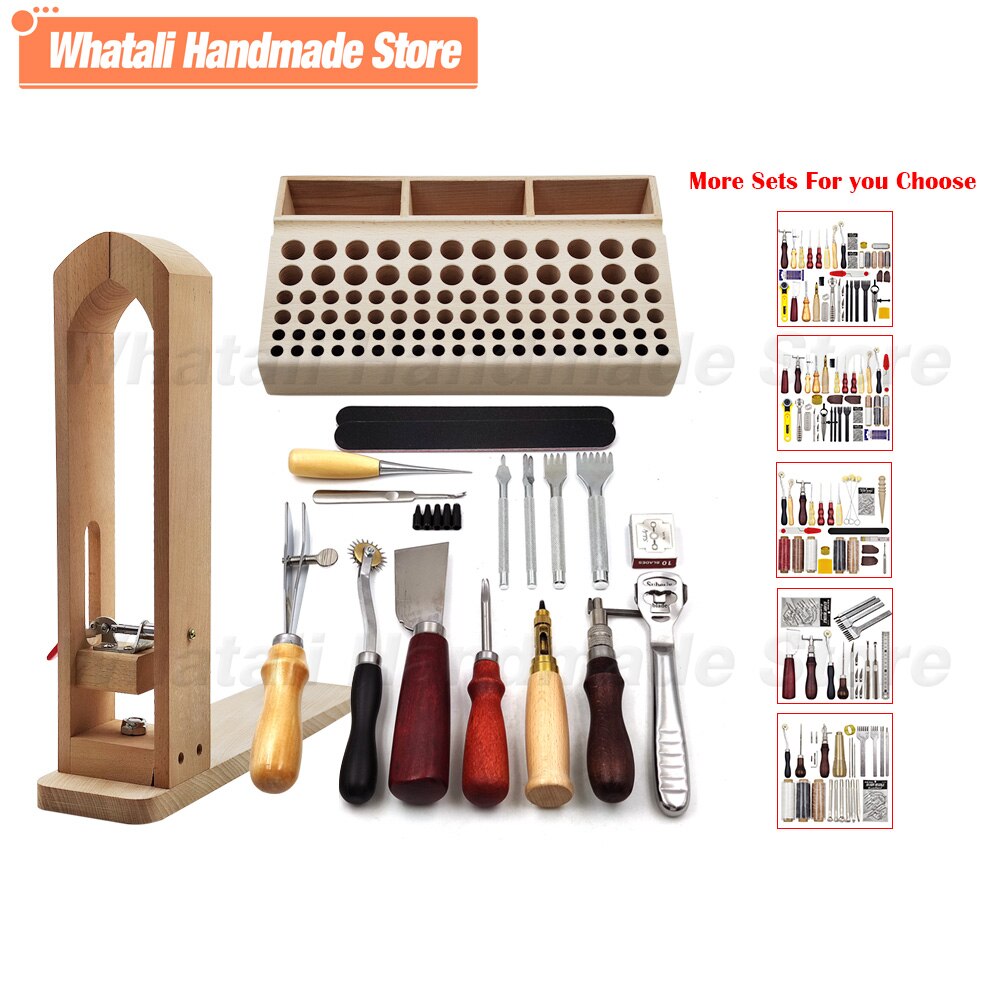 Leathercraft Tool Set Kits Pine Wood Hand Stitching Clamp Leather Punching Carving Saddle Groover Tools Storage Leathercraft DIY
