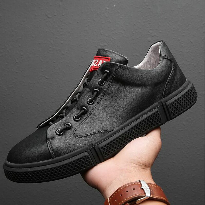 Mænd sorte hvide sko snøre læder sko flats zapatillas hombre herre casual sneaker sko  a52-43