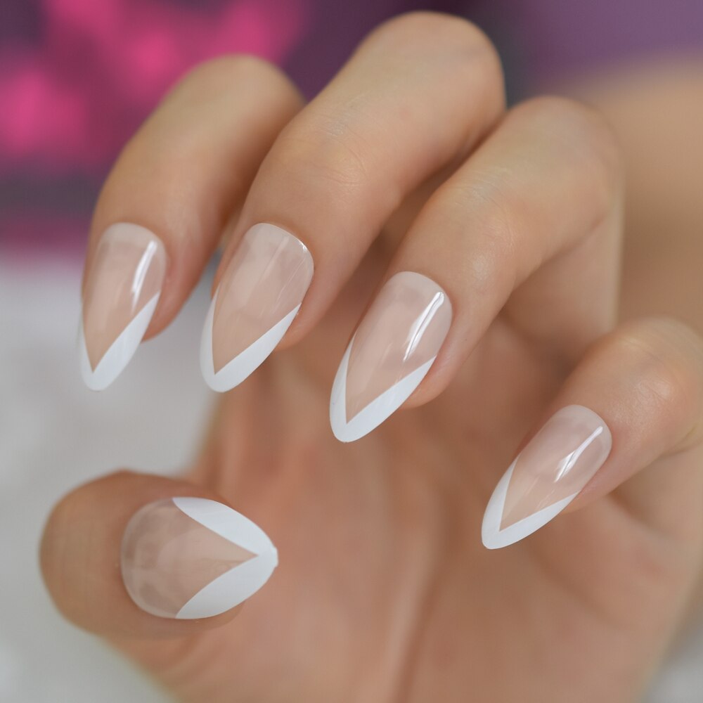 White V Shape French Nails Medium Stiletto Press On Nails Natural Color Predesigned Tips with Glue Sticker