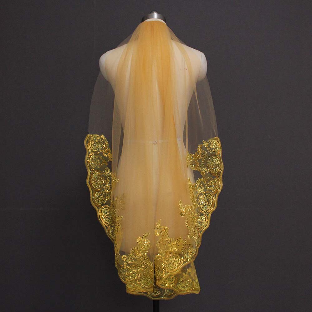 Gouden Bruiloft Sluier Korte Sluier met Gedeeltelijke Kant Bling Pailletten Goud Kleur Lace Bridal Veil met Kam Bruiloft Accessoires