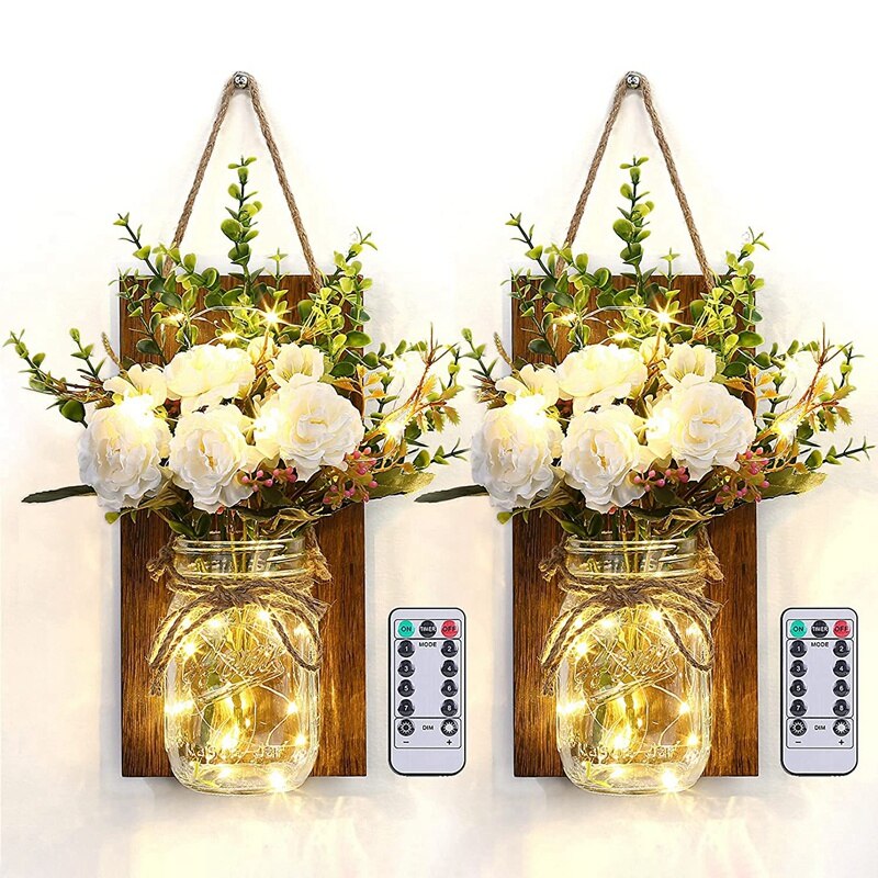 Rustic Mason Jar Sconces for Home Decor, Mason Jar Sconces Set of 2 Hanging Mason Jar Sconces with LED Fairy Lights