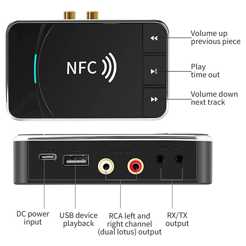 NFC Bluetooth 5.0 Audio Receiver Transmitter Wireless Stereo Bluetooth Audio Adapter NFC 3.5Mm AUX RCA Music Sound Car