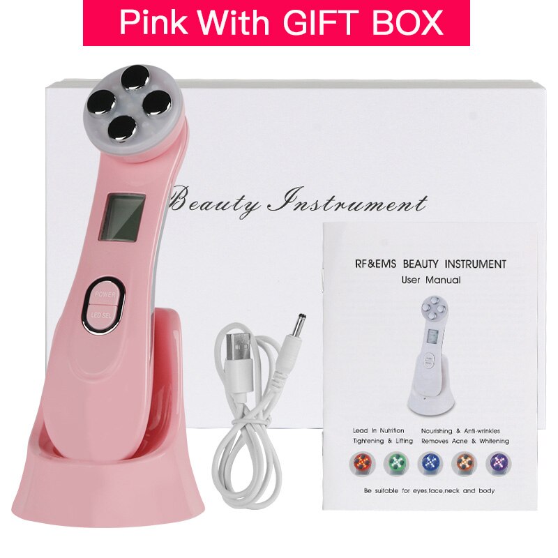 LED Photon Face Skin EMS Mesotherapy Electroporation RF Radio Frequency Facial Skin Care Device Face Lift Tighten Beauty Machine: Pink With Box