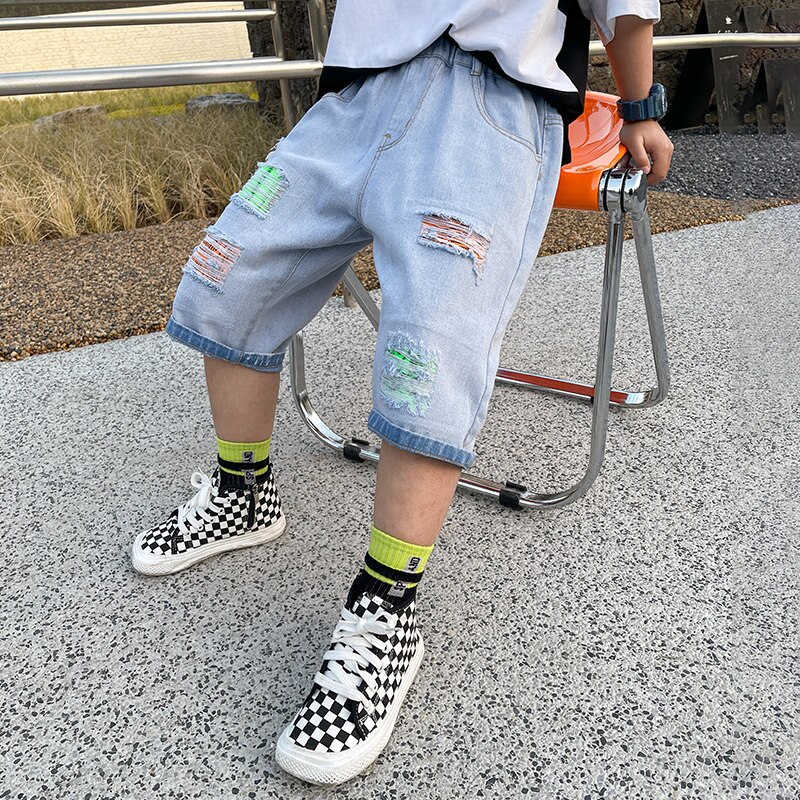 Pantalones cortos de mezclilla para niños, Jeans de para adolescentes de 5 a 14 años, con agujeros rotos, novedad de verano