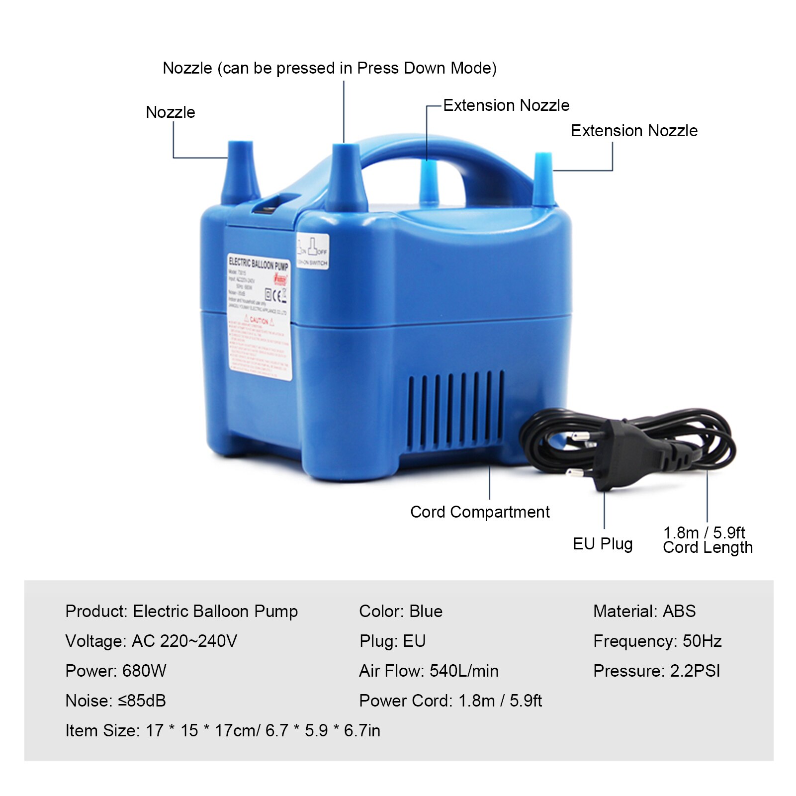 Electric Balloon Pump 680W Dual Nozzle Balloon Blower Auto/ Push Down Mode Balloons Inflator with Extension Nozzles 220~240V