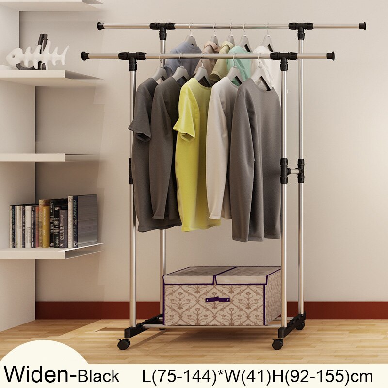 Simple Clothes Hanger Stainless Steel Balcony Drying Rack Living Room Stand Organizer Adjustable Coat Rack with Wheels: Widen Black