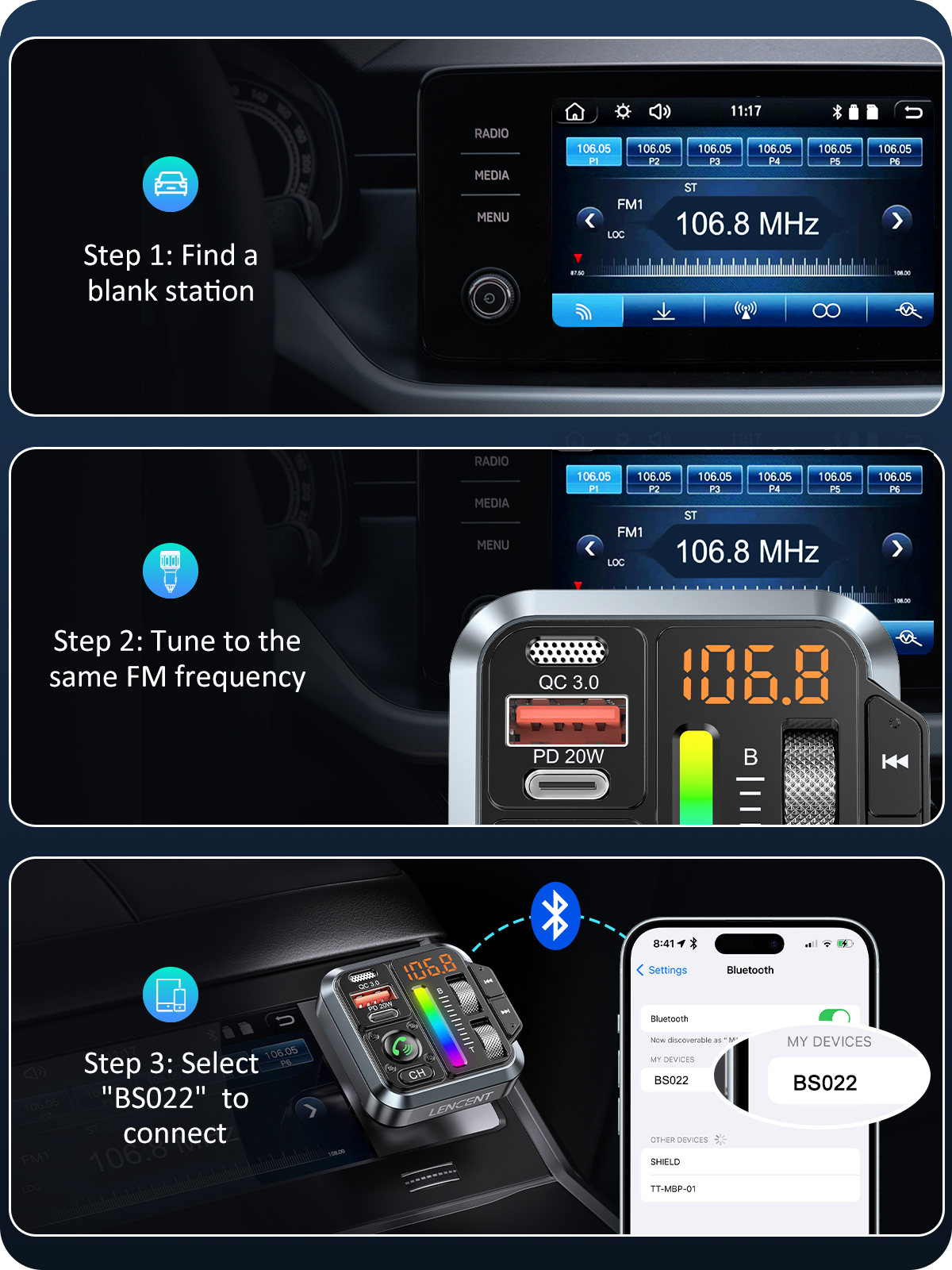 LENCENT Bluetooth 5.3 FM-zender Bluetooth-autoadapter met PD 20W en QC3.0 snellader Hi-Fi muziek handsfree kitadapter