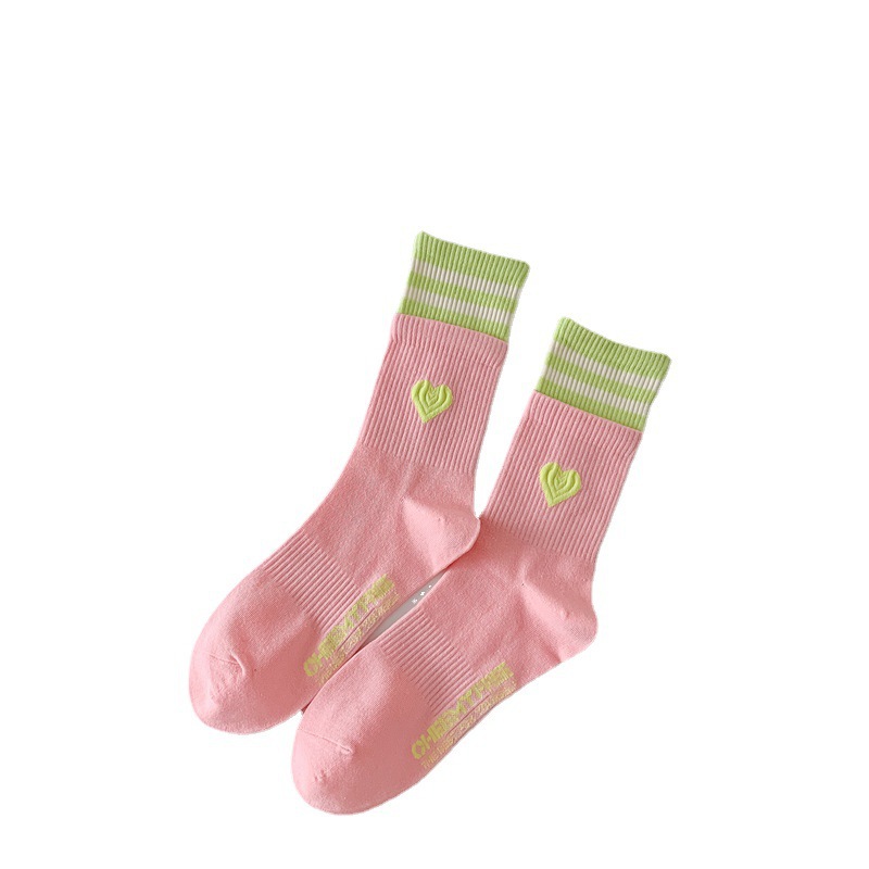 Women Cotton Socks Stripes Love Heart Embroidery Cotton Crew Socks Cute Kawaii Harajuku Streetwear Lolita Girls Calcetines Mujer