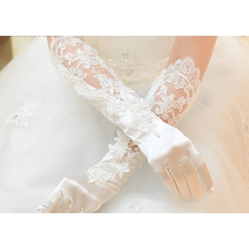 Lange Bridal Handschoenen Satijn Met Kant Bruiloft Accessoires Ivoor Bruids Handschoenen