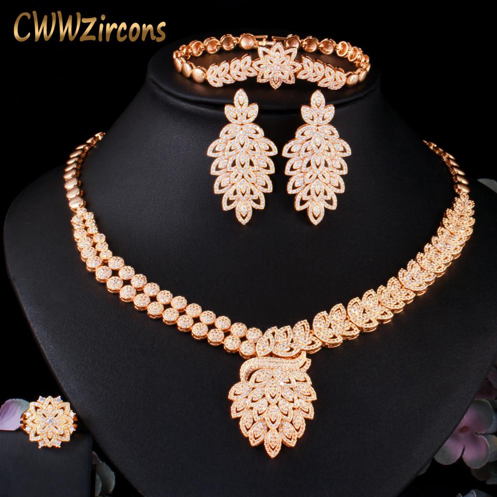 CWWZircons 4 pcs Royal Party Bridal Cubic Zirconia Necklace Luxury Dubai Nigerian Gold Color CZ Wedding Women Jewelry Set T485