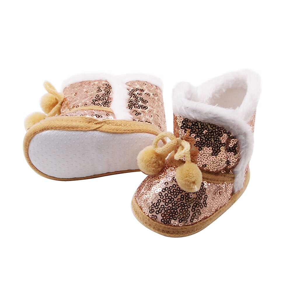 Meninas do bebê Inverno Quente Botas De Neve De Lantejoulas Não-Antiderrapante Macio Sole Sapatos De Pele Forrada botas de Tornozelo com Lace up Pom 0-12Months