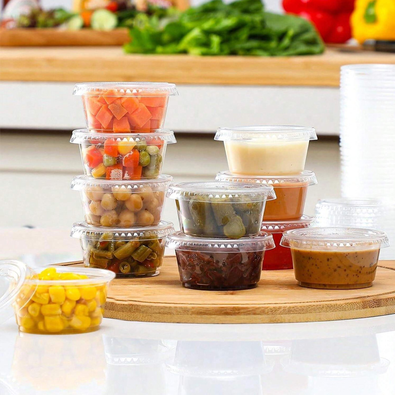50/100 pièces 2oz Portion tasses avec couvercles jetable en plastique Sauce conteneur boîte salade pansement assaisonnement Mini cuisine organisateur