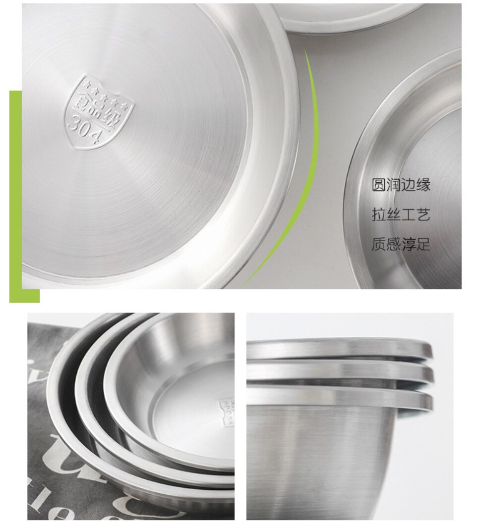 304 Stainless Steel Dinner Plates Kitchen Restaurant Tray Round Dessert Cake Snack Dishes Food Storage Plate Korean Tableware