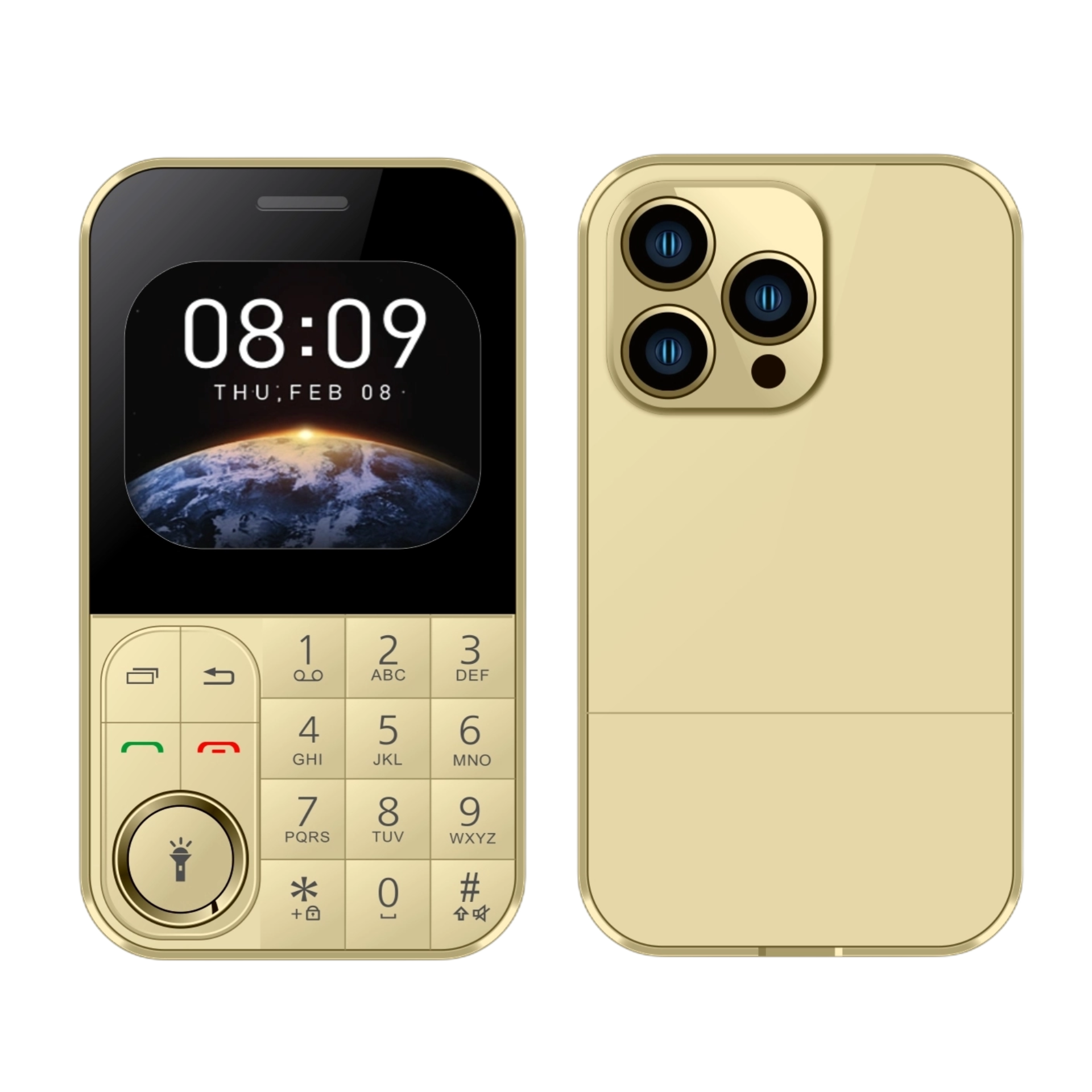 Tarjeta súper delgada para teléfono móvil, SIM Dual, pantalla HD de 2,0 pulgadas, tamaño de bolsillo, cambiador de voz mágico, botón grande, Dial LED de 8 velocidades: Oro