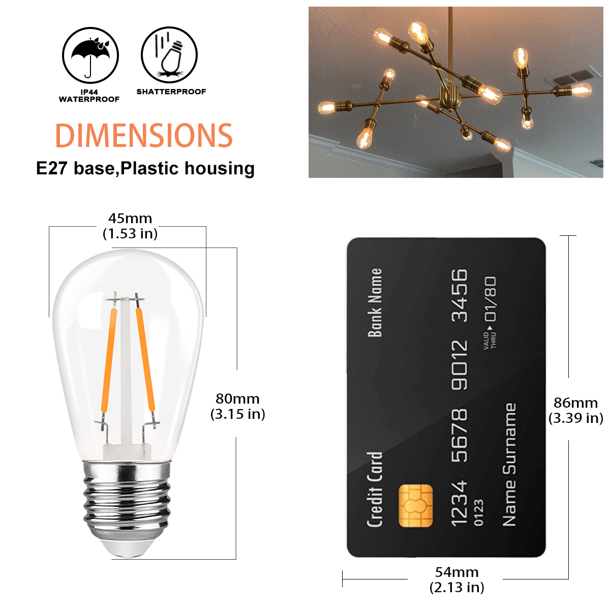 Genixgreen S14 2W String Glühbirne Warmweiß 2700K E27 Dimmbare wasserdichte Kunststoff-LED-Filament Vintage ST45 Ersatzlampen