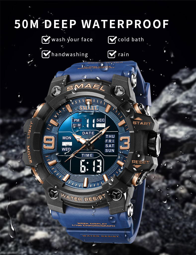 Smael 8049 Horloge Sport Led Licht Wekker Dual Time Display Waterproof Week Auto Date Polshorloges Quartz