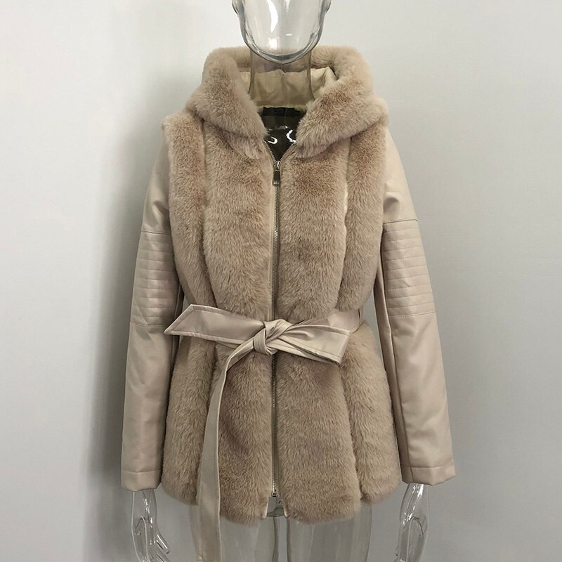 AGong-abrigos de piel sintética con capucha gruesa para mujer, chaquetas de retales de cuero PU a la , abrigos de manga larga elegantes para mujer: Beige / S