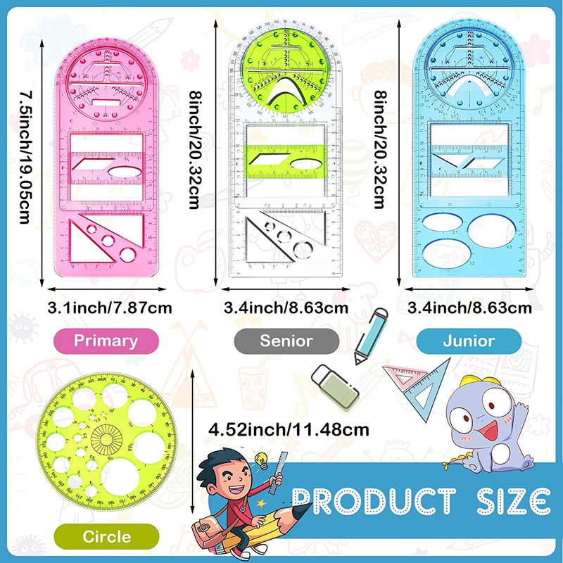 Règle multifonction en plastique, 4 pièces, modèle de cercle géométrique, modèles de dessin, outil de mesure clair
