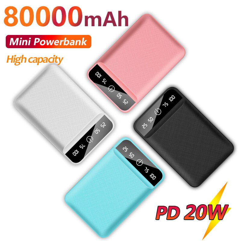 Mini-powerbank mit 80000 mah, vierfarbig, mit digitalanzeige, zwei usb-anschlüssen, tragbarer externer akku