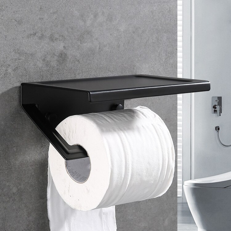 Aluminum Bathroom Paper Mobile Phone Holder with Shelf Bathroom Toilet Paper Towel Rack Roll Holder Bathroom Tool: Black