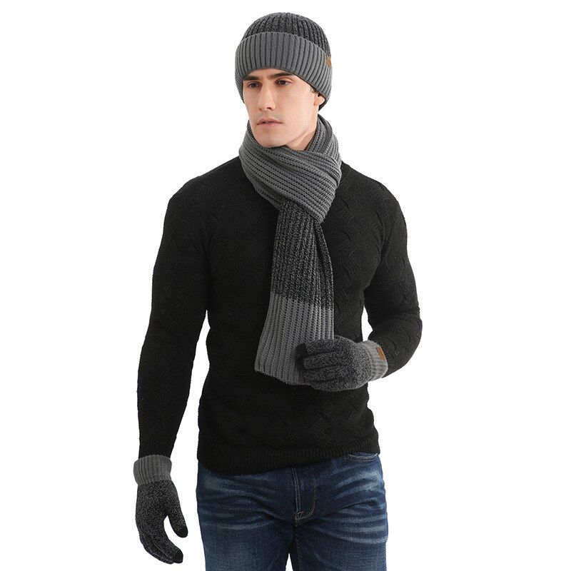 Écharpe épaisse en laine pour homme, chapeau , trois pièces, automne et hiver: Gray5