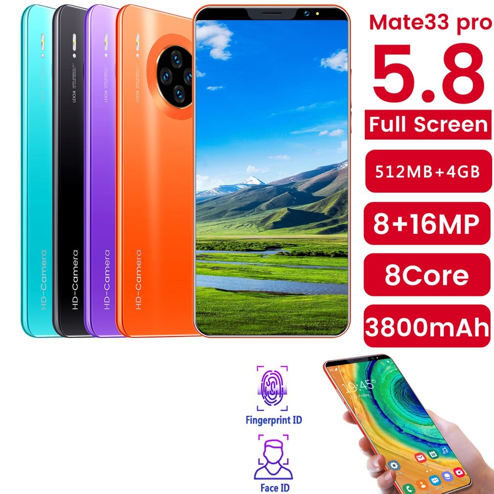 Mate33 Pro Smartphone con 512M + 4GGB di Memoria di Grandi Dimensioni Dello Schermo Da 5.8 Pollici Supporto Viso/Impronte Digitali Unlock Dual SIM telefoni cellulari e Smartphone