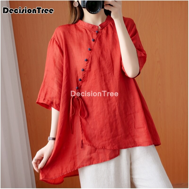 2022 Vrouwen Hanfu Tops Chinese Katoen Linnen Qipao Shirt Chinese Stijl Traditionele Vrouwen Rode Tang Pak Losse Hanfu Blouse