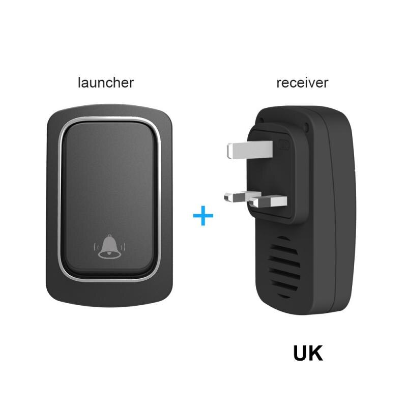 Wireless Doorbell Ring Doorbell Smart Welcome Door Bell Alarm No Battery Required US EU UK Plug Waterproof Home Door Chimes: Black UK