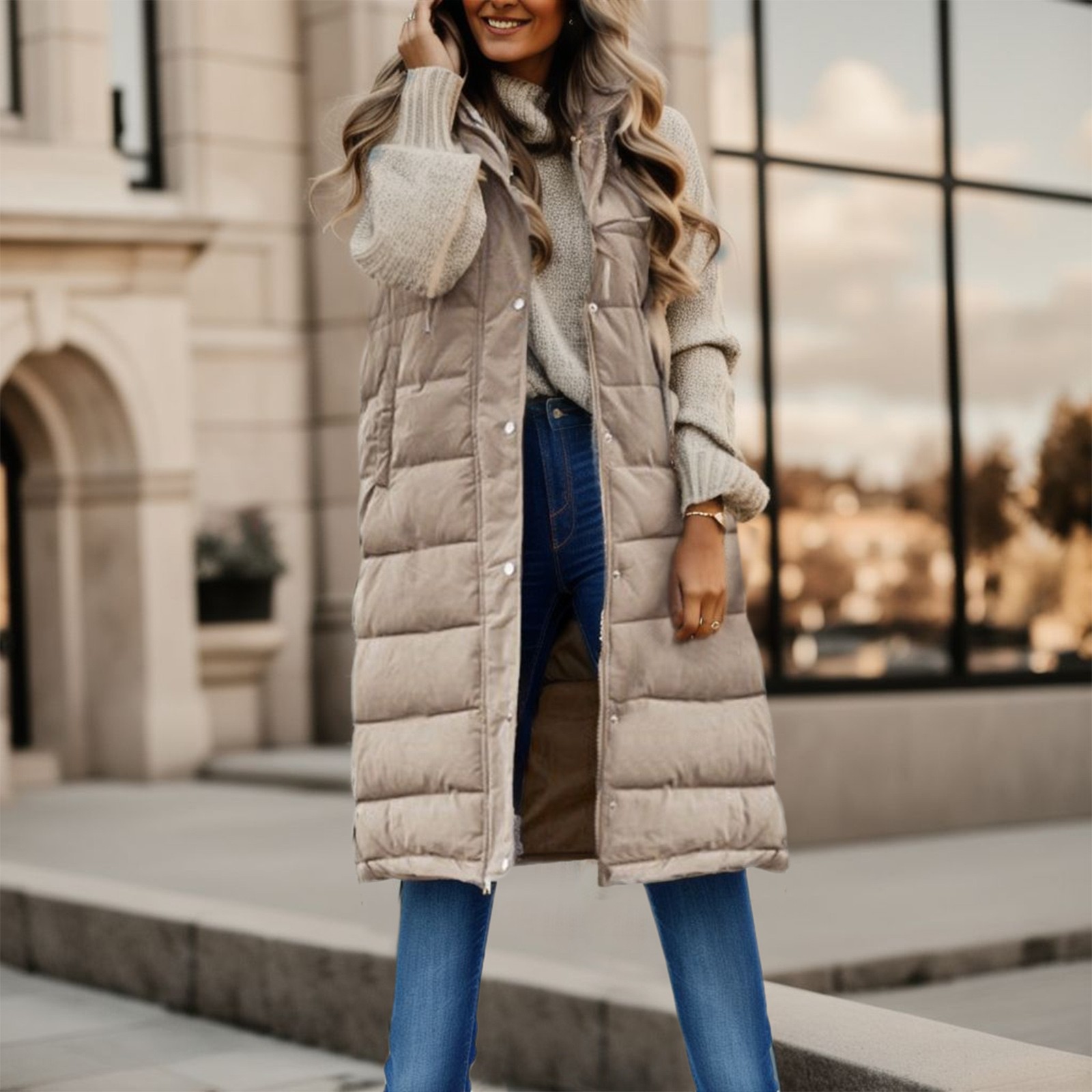 Winter Women's Long Quilted Jacket With Hood Outdoor Sleeveless Down Vest Winter Warm Quilted Coat With Pockets Thermal Parka