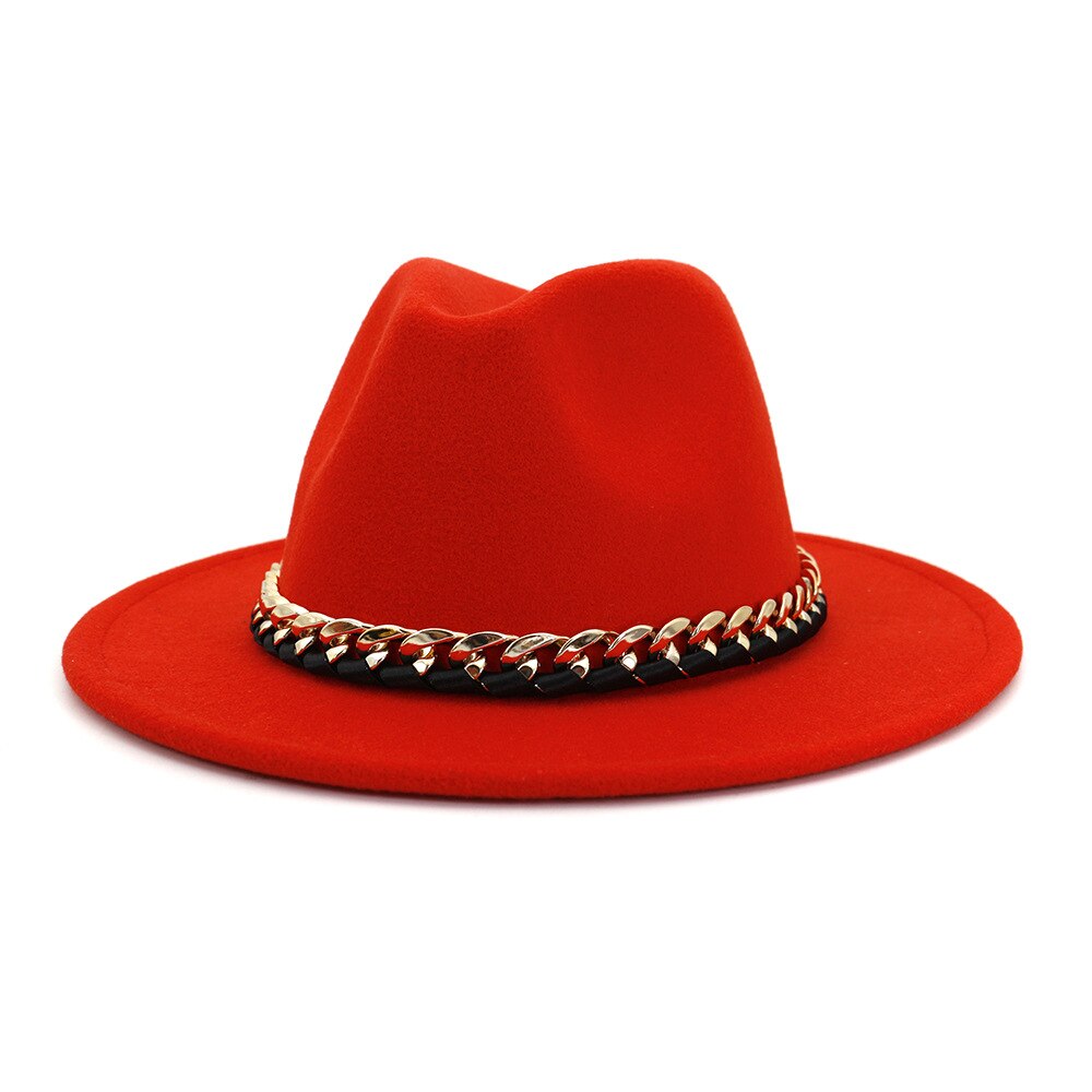 Europæisk amerikansk imiteret uldne bowlerhatte til kvinder mænd vinter efterår vintage bredskygget top jazzhat fedora kasketter med kæde: 6