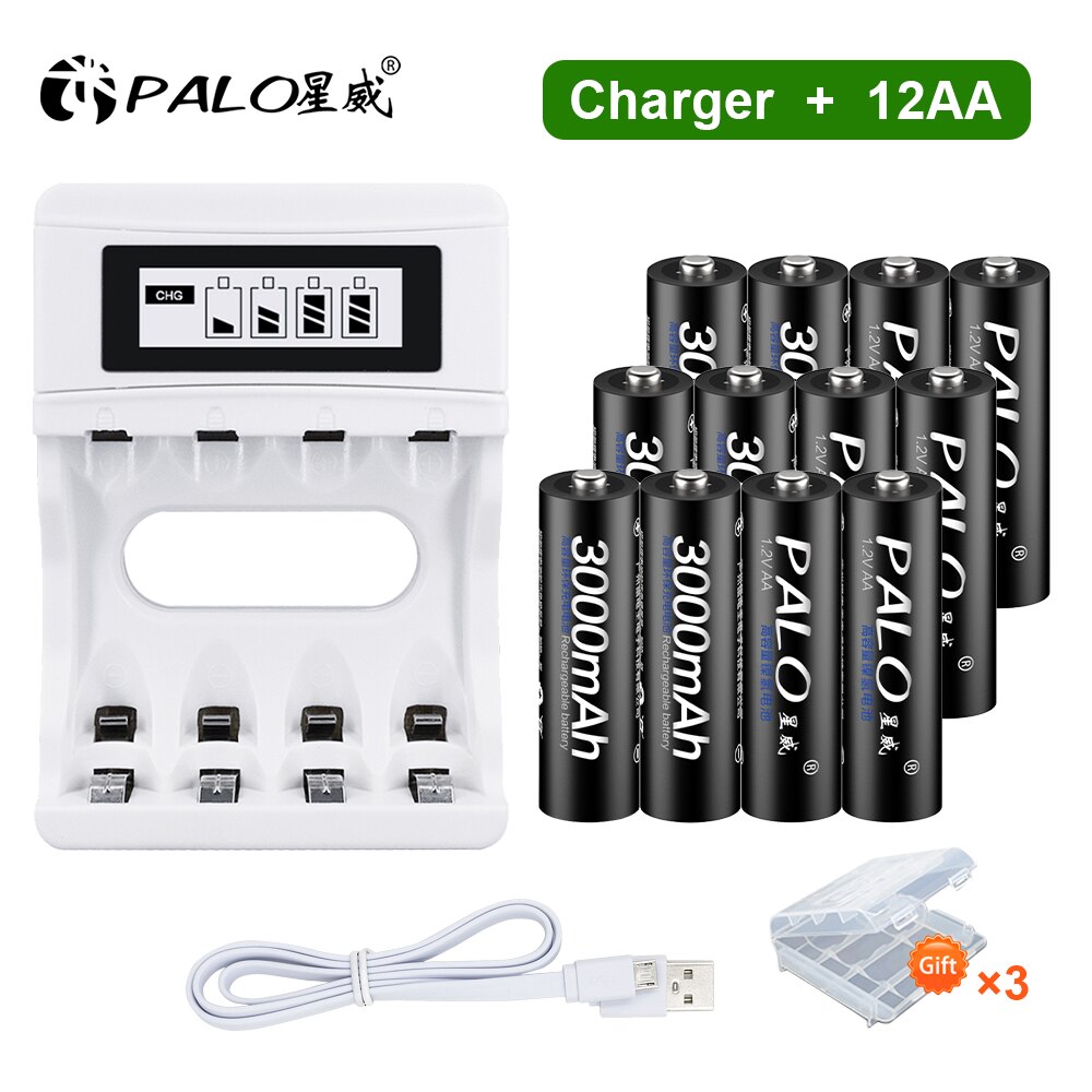 PALO AA Rechargeable battery aa 1.2v Ni-MH AA Batteries Rechargeable Battery 2A batteria for Led flashlight battery: 12AA and Charger