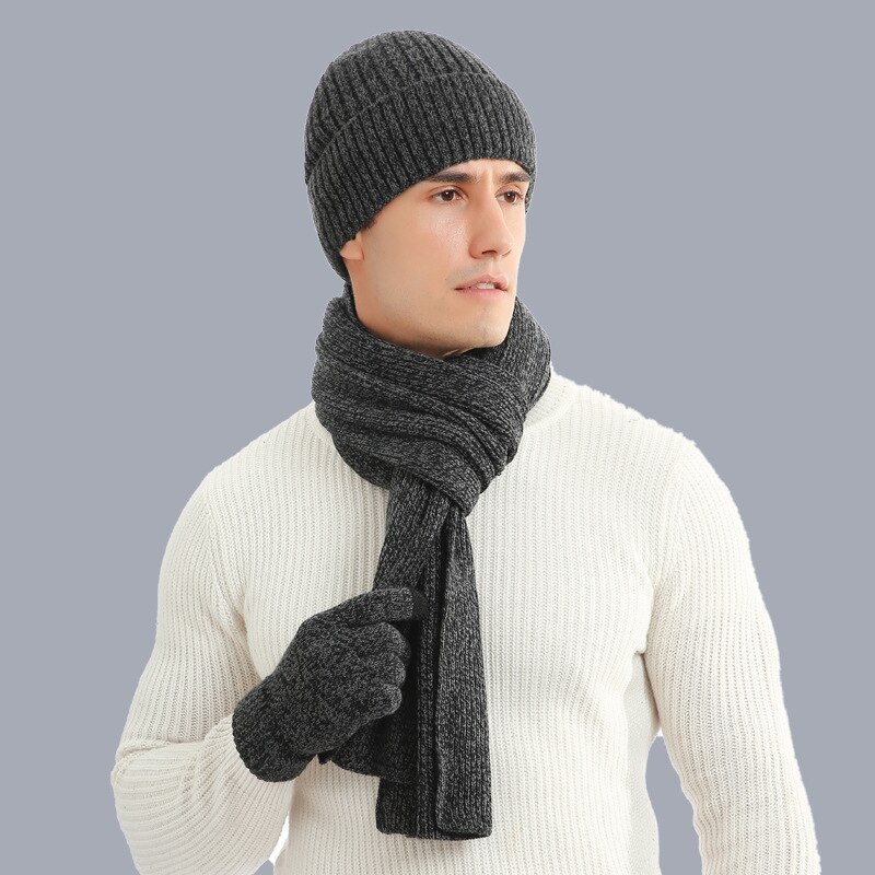 Høst og vinter varm dress blandet farge strikket herre ull tykk lue skjerf herre hansker tre for menn: Grå