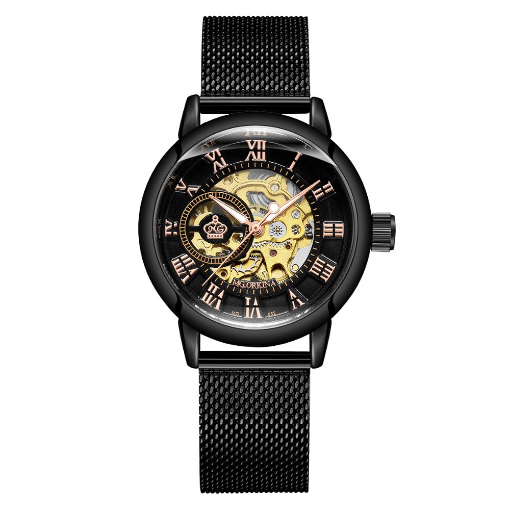 ORKINA Mechanische Frauen Armbinde Uhr Skelett Automatische Armbanduhr Gittergewebe Edelstahl Band Weibliche Uhr schick Reloj Mujer: 082 Schwarz M
