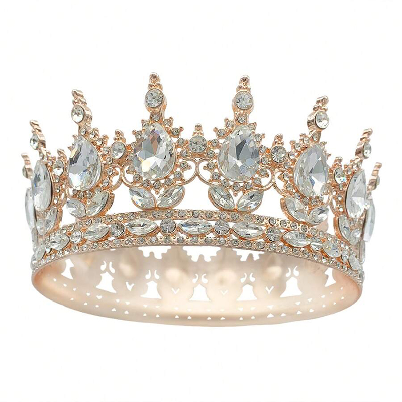 Luxury Color Baroque Queen Crown Colorful Sparkly Rhinestone Wedding Crown Bride Princess Full Round Tiaras Headband Headpieces: Antique Bronze Plated