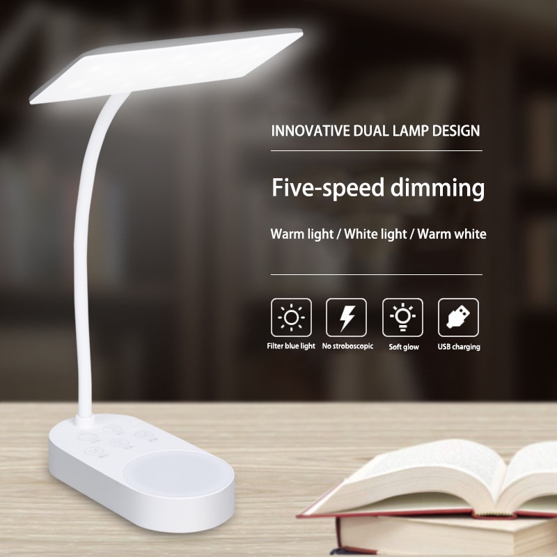 Innovatieve Dual Lamp USB Opladen 5 Stopt Koud/Warm Licht Tafellamp Bureau Tafel Licht Led Bureaulampen flexo Flexibele Lamp