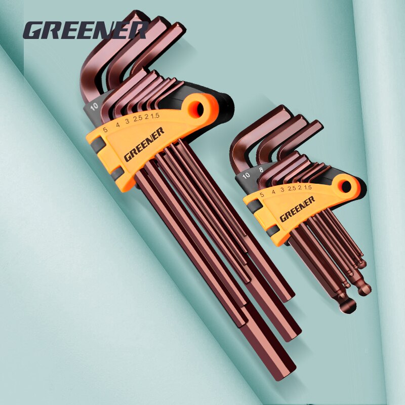 Greener Hex Wrench Set Screwdriver Universal Allen Key 9PCS Double-End L Type S2 Hexagon Flat Ball Spanner Metric Hand Tools