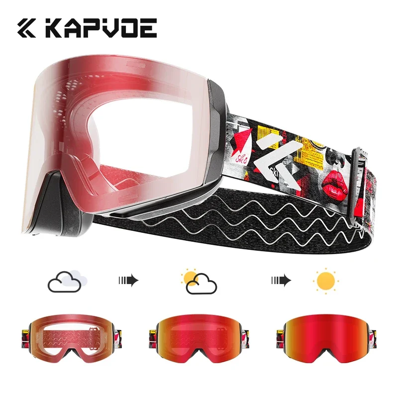 KAPVOE Photochromic Outdoor Sport Ski Snowboard Goggle Men UV400 Protection Women Glasses Magnetic Attraction Skiing Goggles: Pink