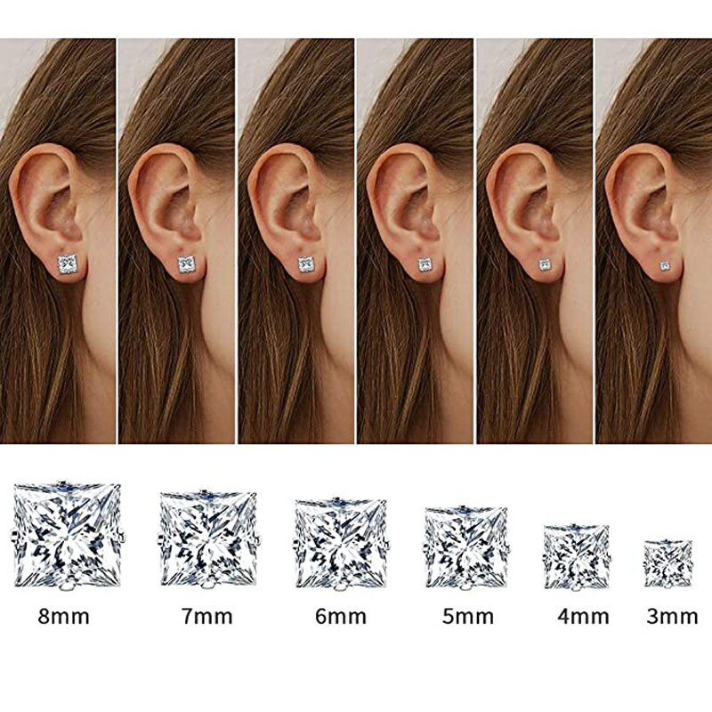 6 par rustfrit stål øreringe sæt mænd og kvinder hypoallergene firkantede zirkon øreringe 316l cz øreringe