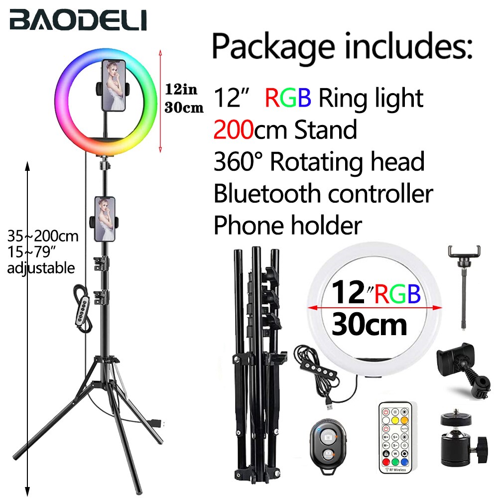 Anillo de luz Led para Selfie, lámpara de luz de relleno circular de 30cm, 12 pulgadas, con trípode y soporte para teléfono: 12in 200cm A