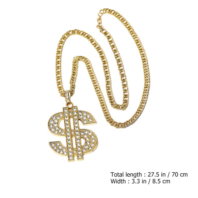 2 Pcs Pretend Play Toy Hip Hop Costume Rapper Accessories Dollar Sign Gold Chain Ring Alloy Plating Necklace For Party (Golden)