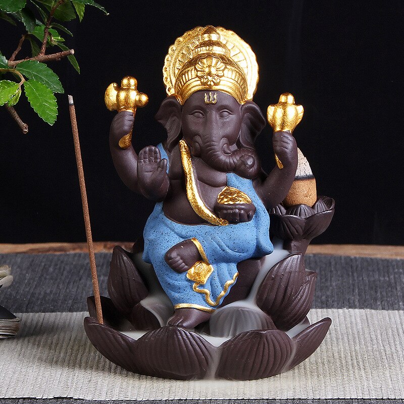 Olifant hoofd God Ganesha paars zand Lotus type Terugstromen wierookbrander Boeddha standbeeld Thailand Indiase boeddhistische wierook: Blauw