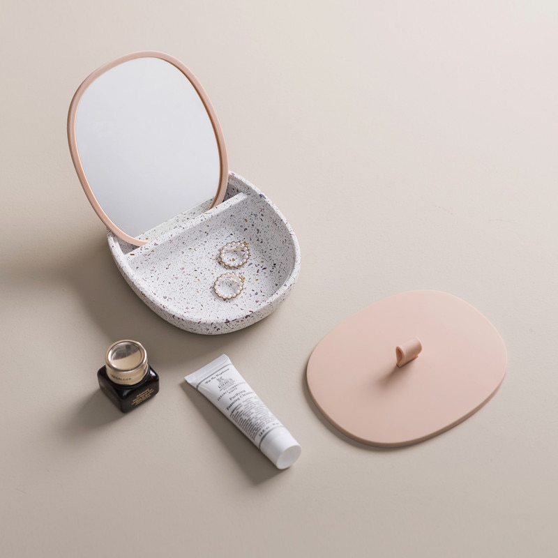 Nordisk terrazzo silikone makeup æske kosmetisk opbevaringsboks med spejl støvtæt hjem arrangør til ring halskæde øreringe smykker