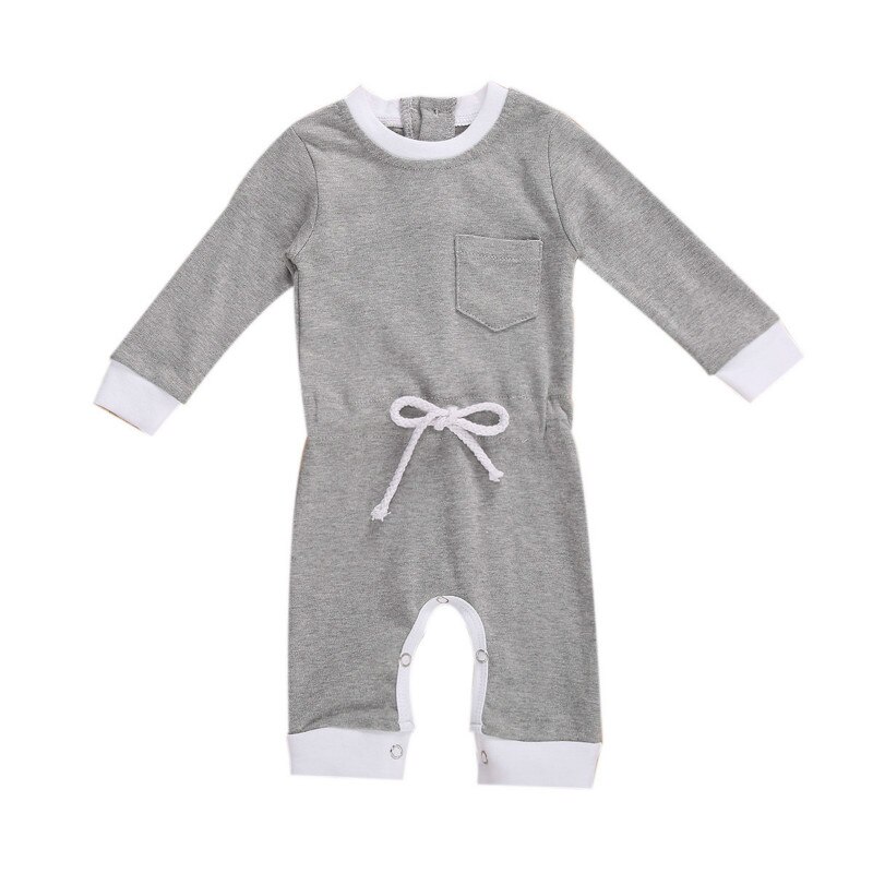Baby Baby Meisjes Jongens Solid Romper Lange Mouwen Elastische Taille Een Stuk Jumpsuit Met Front Pocket Lente Herfst Kleding: Grijs / 12m