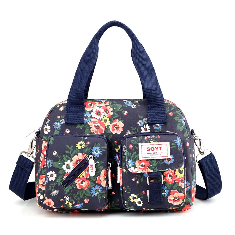 SOYT Brand popular Flowers and animals pattern Nylon women handbags shoulder bag for female printing messenger bags: Deep blue floral