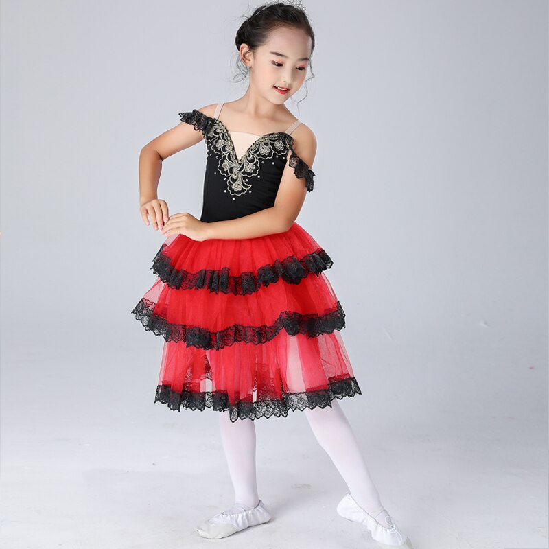 Falda larga romántica , traje de ballet para adultos y niños, traje de prueba Giselle, negro y rojo
