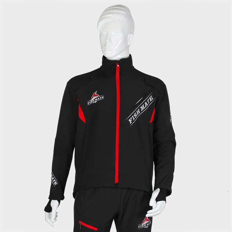 Vinter män fiskekläder set fleece varm soft shell slitstark manlig vindskydd vattentät fiske cykel jacka byxor: M / Svart topp